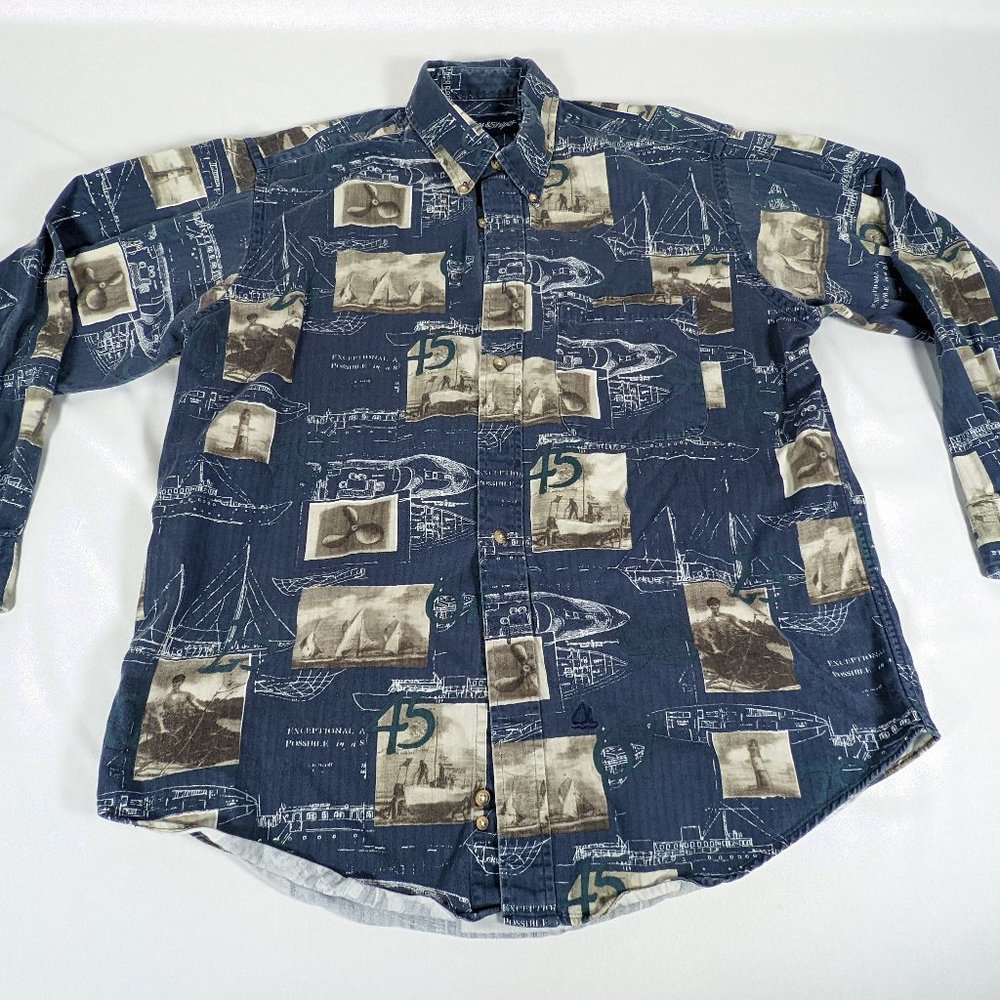 Stars and Stripes Mens Cotton Button Down Long Sleeve Navel Shirt L